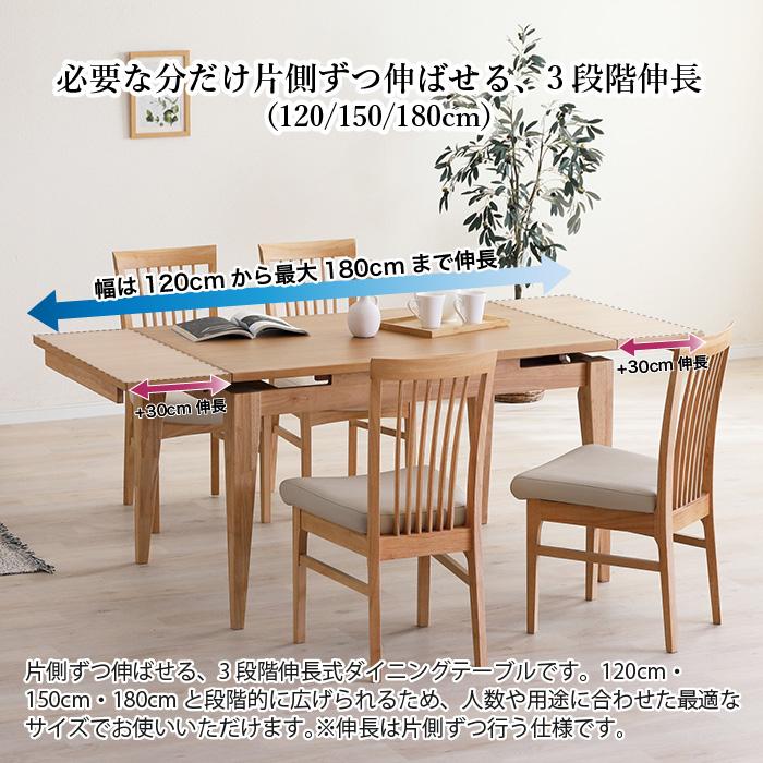 伸縮150〜120テーブル 伸長式ダイニングテーブル 120→150→180cm テーブル単品 3段階伸長