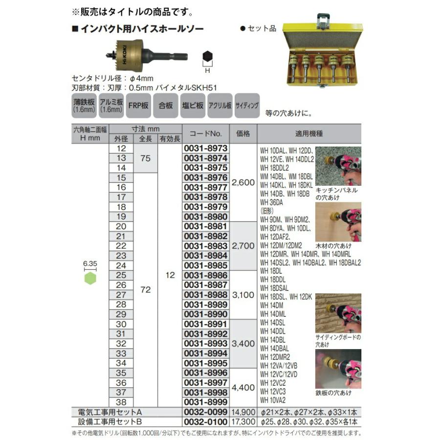 HiKOKI（ハイコーキ） インパクト用ハイスホールソー 0031-8975 外径