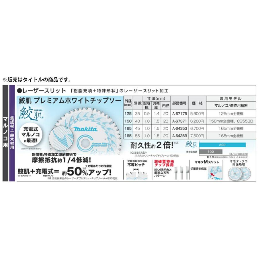 在庫 ゆうパケ 送料無料 マキタ 鮫肌 プレミアムホワイトチップソー A-64369 外径165mm 刃数55 集成材・一般木材用 makita｜2kanajin｜02