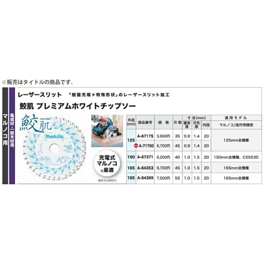 在庫 ゆうパケ 送料無料 マキタ 125mm 鮫肌 プレミアムホワイトチップソー A-71700 外径125mm 刃数45  集成材・一般木材用 makita｜2kanajin｜03