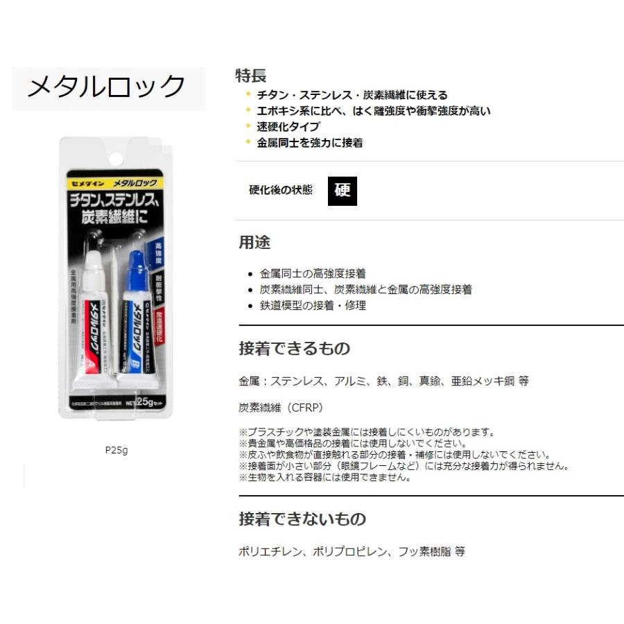 在庫 ゆうパケ可 セメダイン メタルロック 25gセット AY-123 速硬化タイプ 2液等量混合型 金属同士の高強度接着 接着剤 硬化後黒色 CEMEDINE｜2kanajin｜06