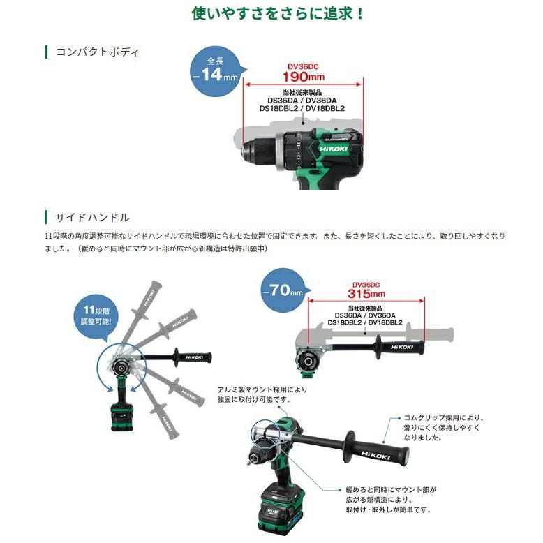 在庫 春祭り HiKOKI コードレス振動ドライバドリル DV36DC(NN) 本体+サイドハンドル 36V対応 日立 ハイコーキ セット品バラシ｜2kanajin｜04