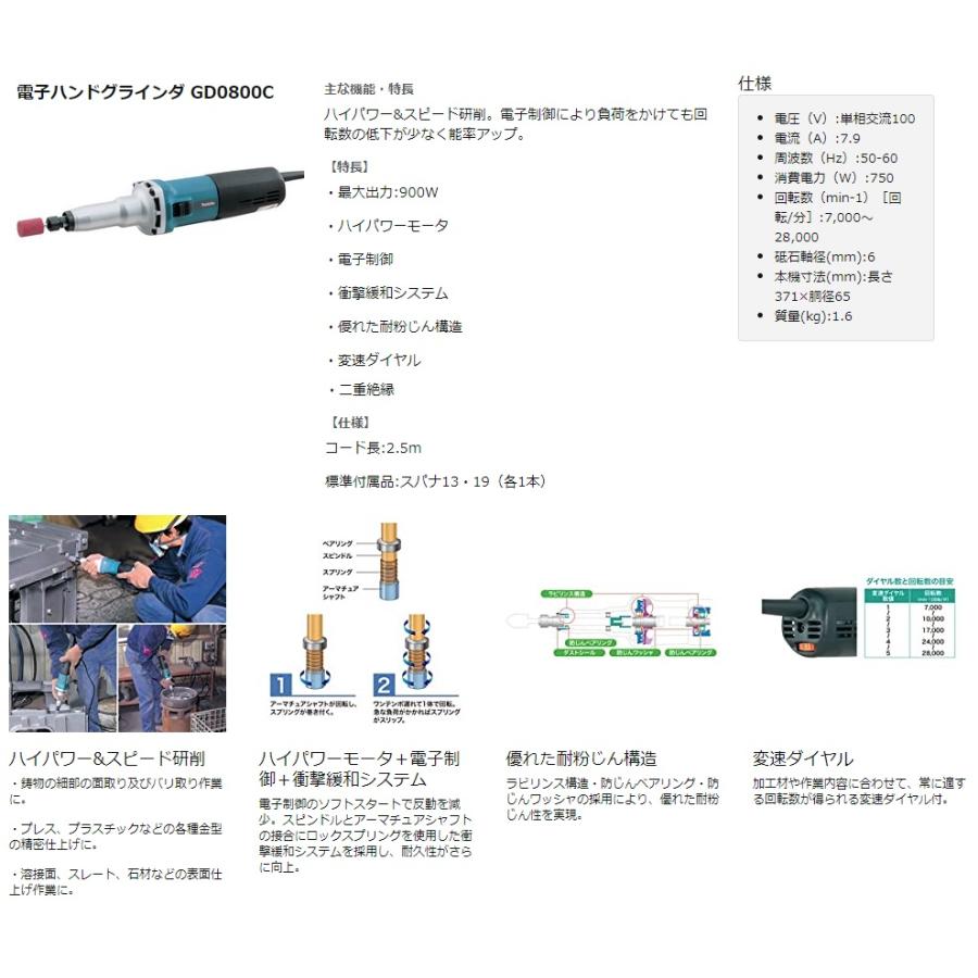 マキタ（makita） 電子ハンドグラインダ GD0800C 軸径6mm ソフト 