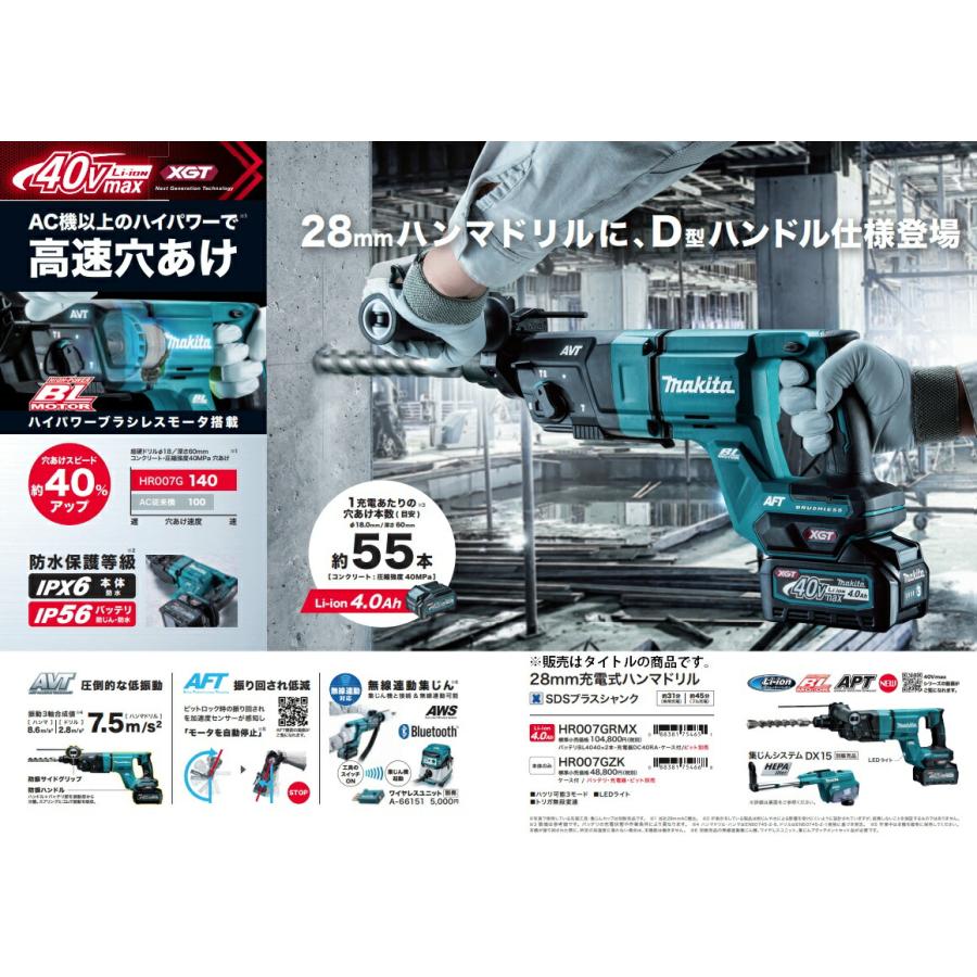 マキタ（makita） 28mm 充電式ハンマドリル HR007GRMX バッテリ