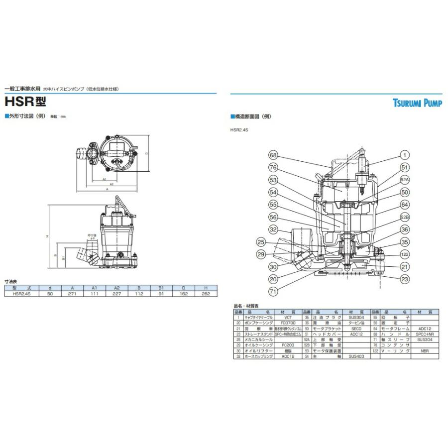ツルミポンプ 水中ポンプ 低水位排水仕様 HSR2.4S 60Hz 0.4kW 単相100V
