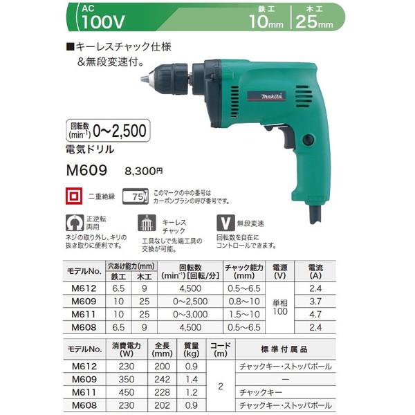 (マキタ)電気ドリル 鉄工10mm 木工25mm キーレスチャック仕様＆無段変速付 M609｜2kanajin｜03