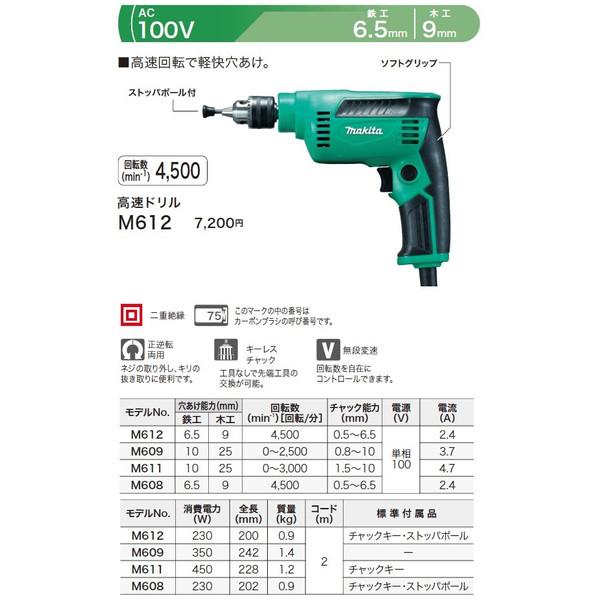 マキタ（makita） (マキタ)電動 高速ドリル 鉄工6.5mm 木工9mm 高速
