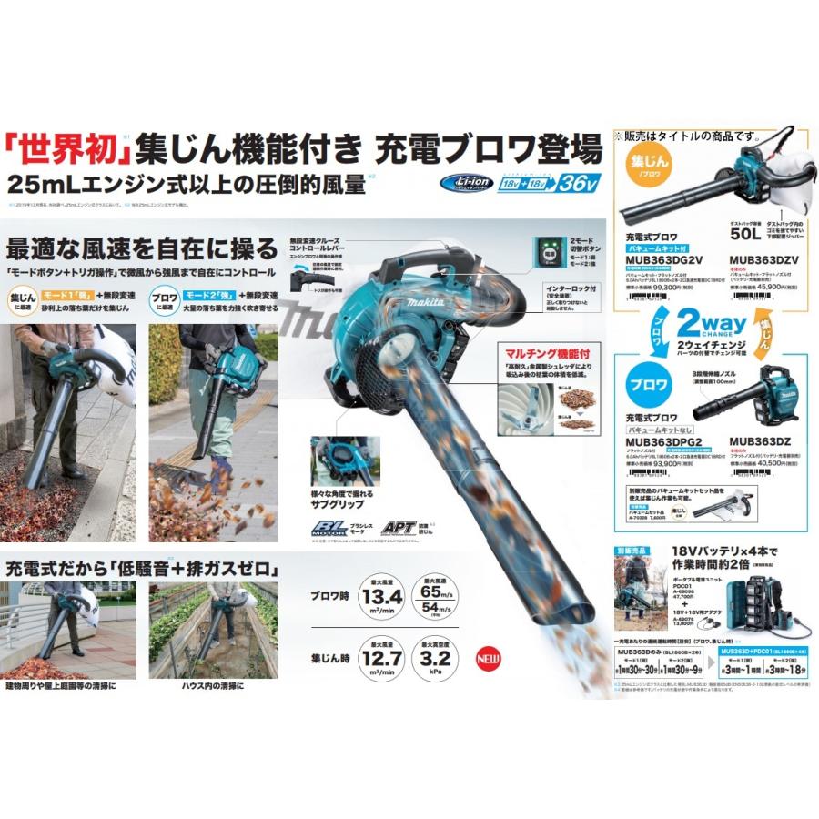 (マキタ) 充電式ブロワ バキュームキット付 MUB363DZV 本体+バキュームキット付 様々な角度で握れるサブグリップ 18Vx2=36V対応 makita 大型商品｜2kanajin｜08