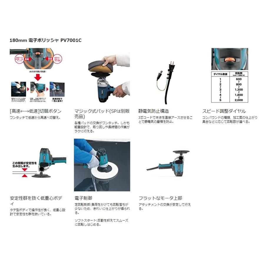 (マキタ) 180mm 電子ポリッシャ PV7001C パッド付 ダイヤル変速付 電子制御＆低重心で安定作業 静電気防止構造 質量2.0kg コード長2.5m makita｜2kanajin｜05