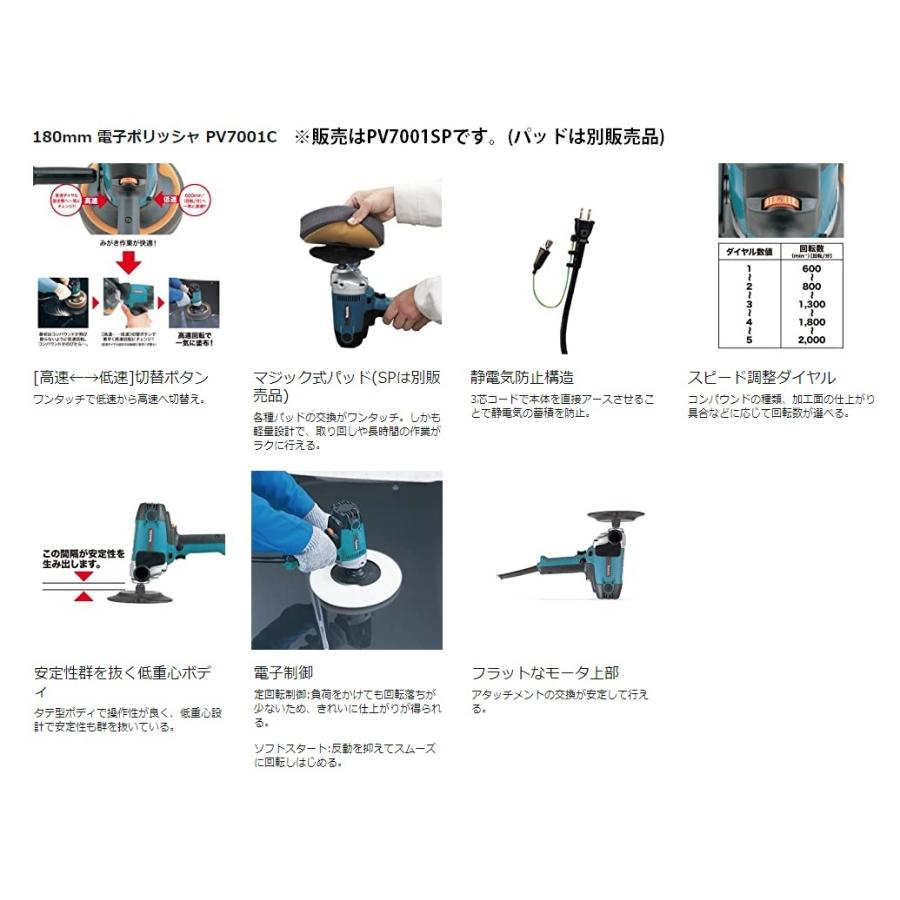 (マキタ) 180mm 電子ポリッシャ PV7001CSP パッド無 ダイヤル変速付 電子制御＆低重心で安定作業 静電気防止構造 質量2.0kg コード長2.5m makita｜2kanajin｜03