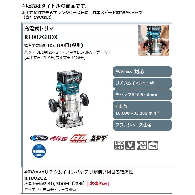 (マキタ) 充電式トリマ RT002GRDX バッテリBL4025x2本+充電器DC40RA+ケース付 プランジベース仕様 40Vmax対応 makita｜2kanajin｜02