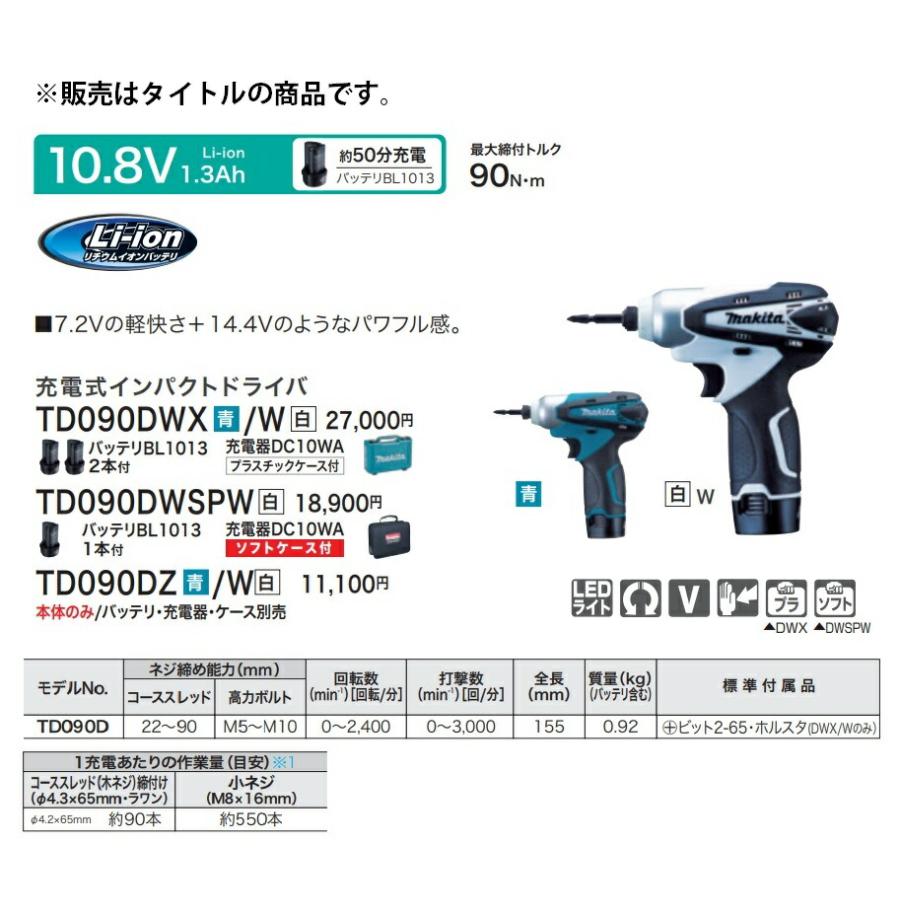 マキタ（makita） 充電式インパクトドライバ TD090DZW 白 本体のみ