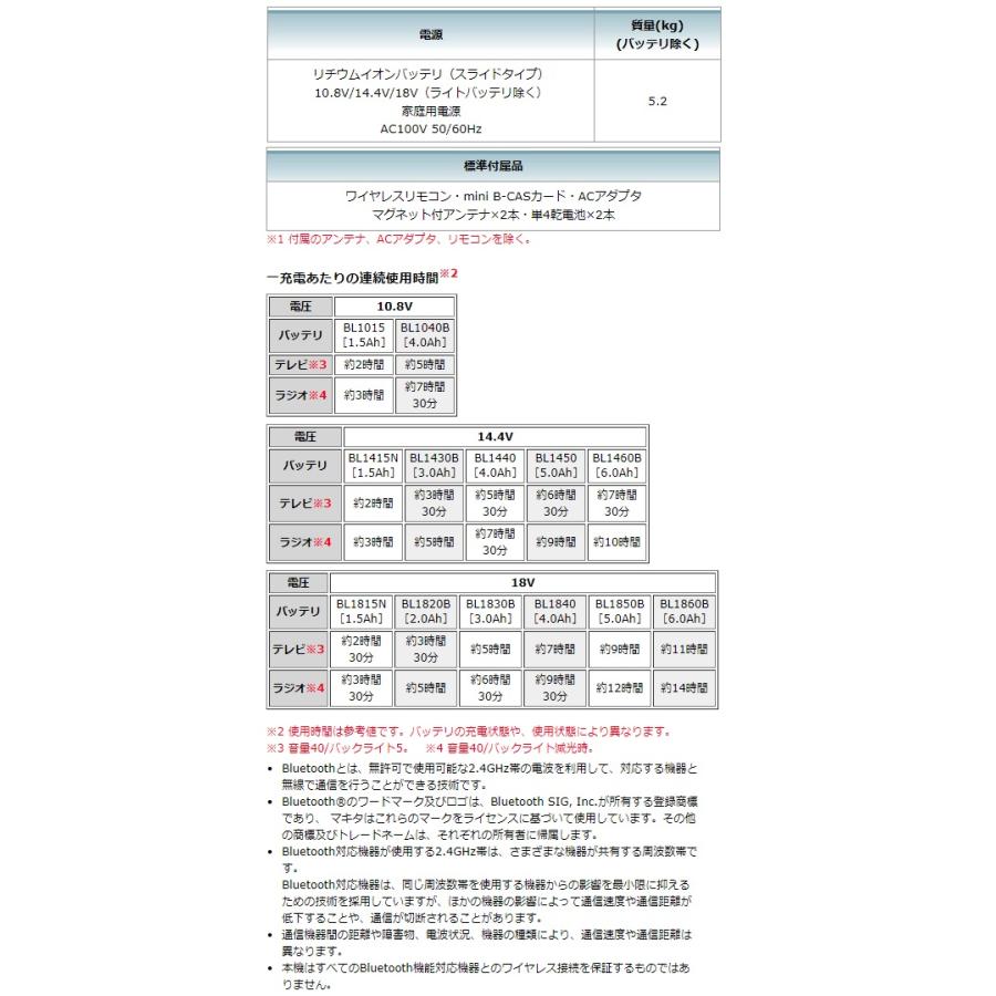 (マキタ) 充電式ラジオ付テレビ TV100 本体のみ 大画面10V型液晶 AC100V 50/60Hz スライド式リチウムイオン10.8V/14.4V/18V対応 makitaの画像