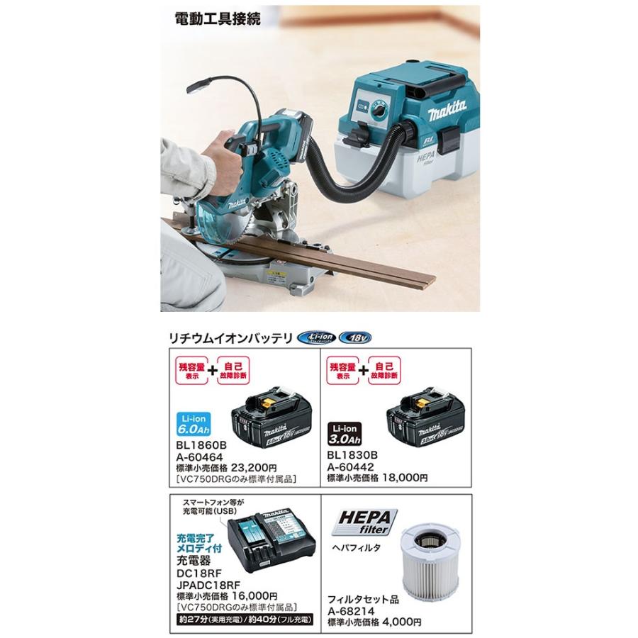 マキタ（makita） 充電式集じん機 VC750DZ 本体のみ 集じん容量7.5L
