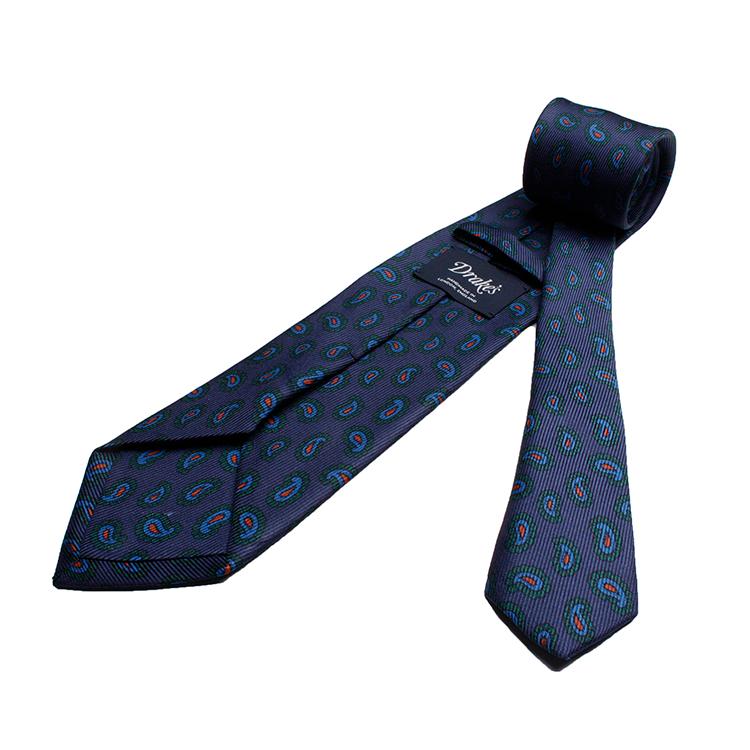 ドレイクス　ネイビー　プリント　ネクタイ　コットン　シルク ネクタイ シルクタイ ドット NAVY DRAKE'S ドレイクス - THE