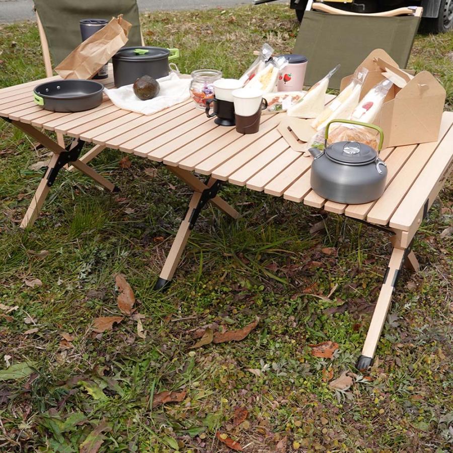 ウッドロールトップテーブル 収納袋付き 天然木 ウッドテーブル