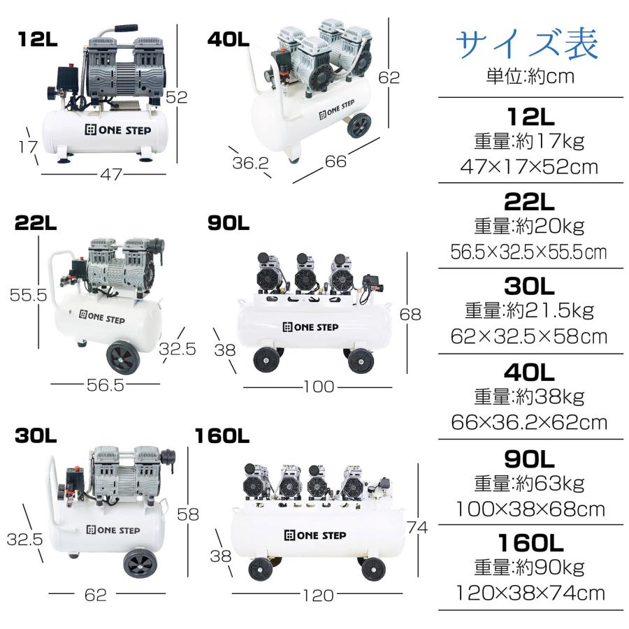 ONE STEP エアコンプレッサー 100v 静音 160l オイルレス 軽量 業務用