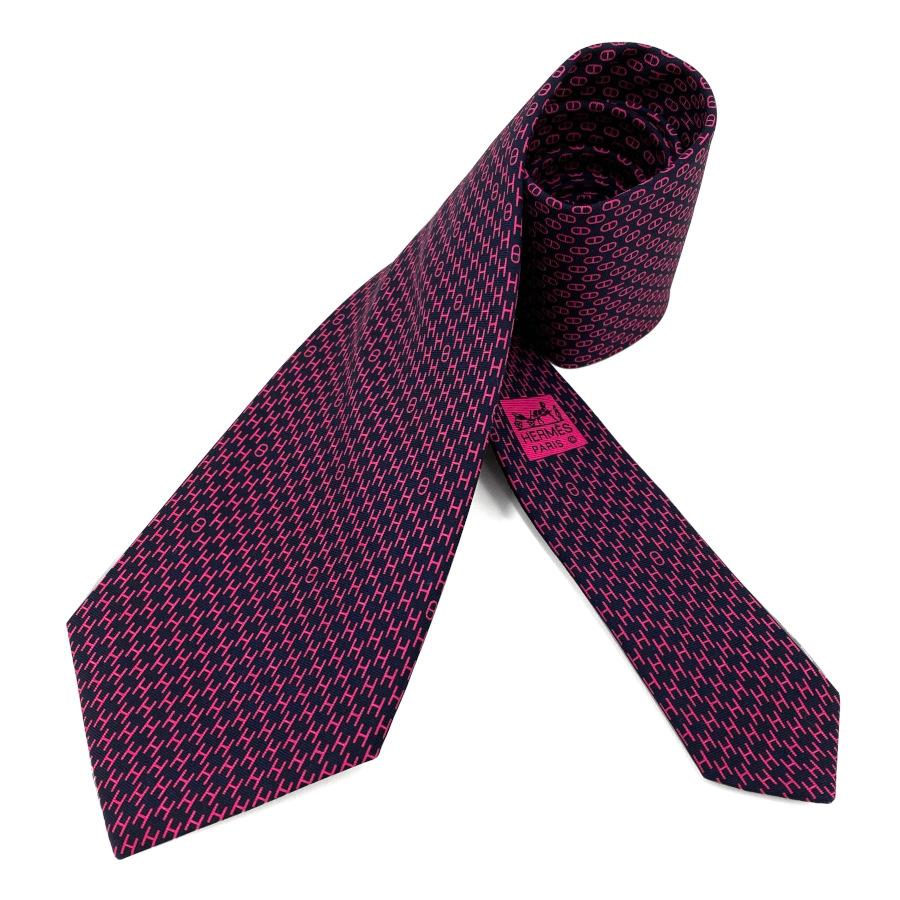 ★ラッピング無料★ エルメス HERMES ネクタイ ツイルタイ9.1cm《H ENCHAINES》H045609MA ネイビー 紺 ピンク フューシャ プレゼント ギフト メンズ 男性 | HERMES | 03