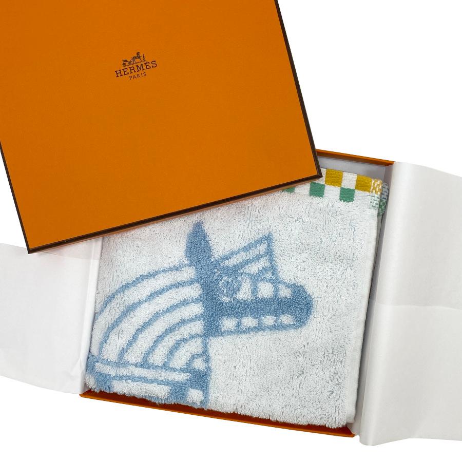 【新品】エルメス HERMES ハンドタオル カレ・タオル 《 アニモー・ナッテ 》ブルー・ジヴレ / ヴェール・セラドン コットン タオルハンカチ H103825M 01の画像