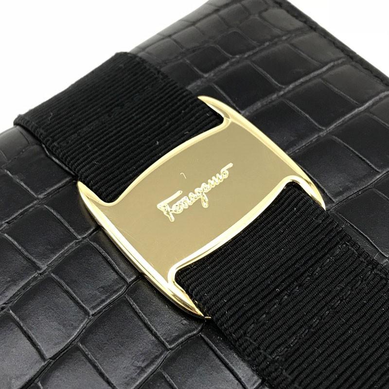 サルヴァトーレフェラガモ 二つ折り財布 クロコ ブラック ヴァラリボン レザー黒 フェラガモ 二つ折り財布 財布 メンズ ダブル ガンチーニ クロコ