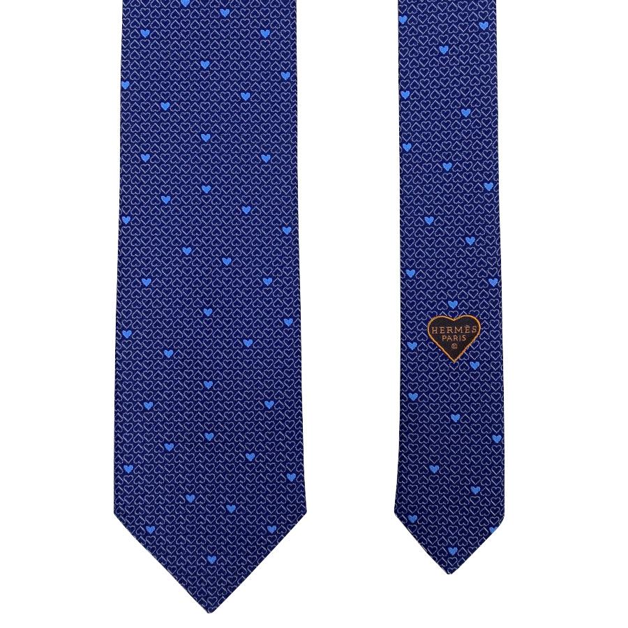 美品 エルメス ネクタイ 紺・シルバー チェック ストライプ シルク