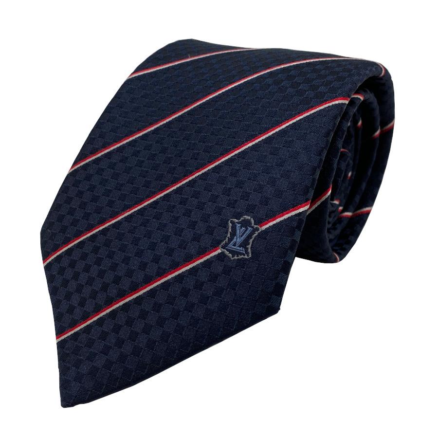 ルイヴィトン LOUIS VUITTON ネクタイ クラヴァット エク 8CM シルク 100％ マリーヌ ネイビー ブラック ロゴ ダミエ チェック ストライプ M78755 | LOUIS VUITTON