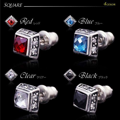 シルバーアクセサリー ピアス メンズ 四角 丸 ジルコニア ブルー レッド pi0437 バラ売り |  | 02