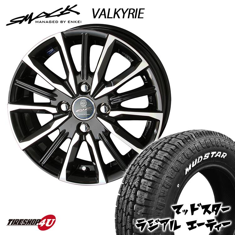 タイヤホイール4本セット SMACK VALKYRIE 14x4.5J 4/100 +45 SBP MUDSTAR RADIAL A/T 155/65R14 75S ワゴンRなど 軽自動車 マッドスター ホワイトレター｜2tireshop4u