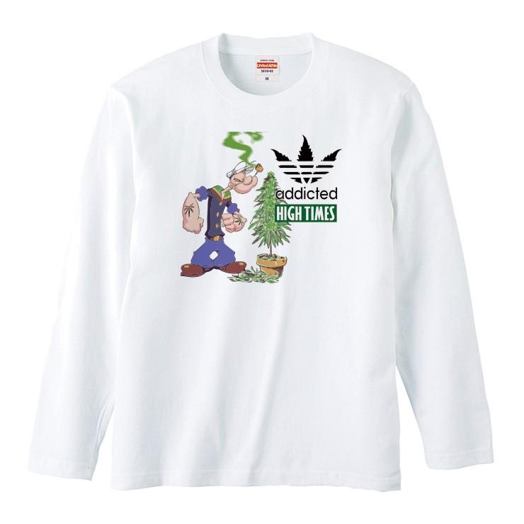 Tシャツ レディース ロンT 長袖 カットソー HIGH TIMES addicted KUSH weed マリファナ クッシュ ロゴ ポパイ パロディ｜301-shop｜02