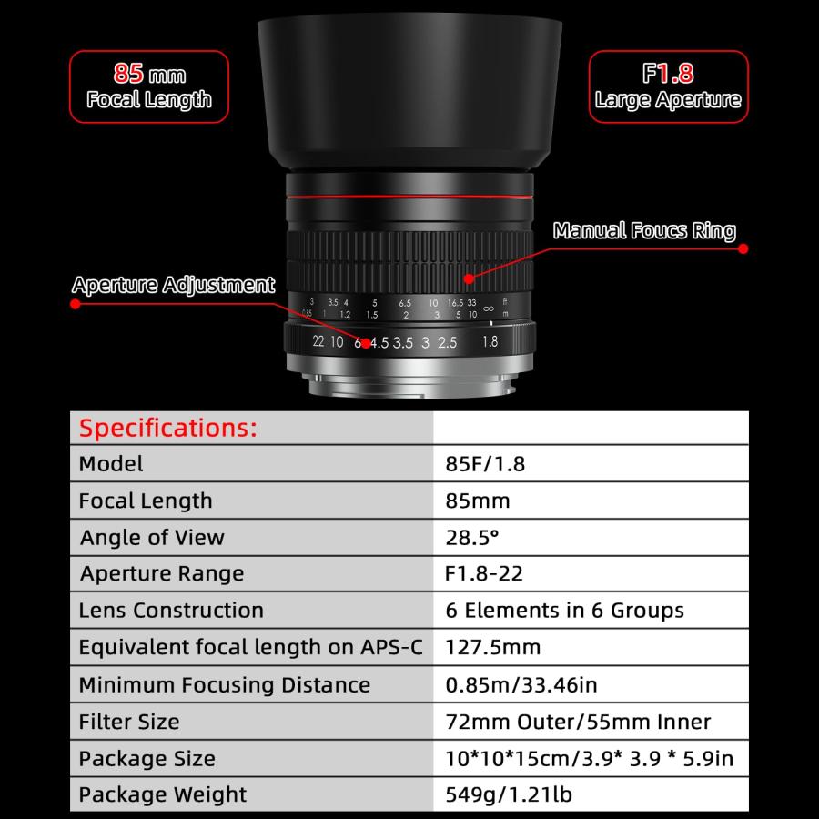 Lightdow 85mm F1.8 中望遠レンズ RF-マウント レンズ 対応 キヤノン