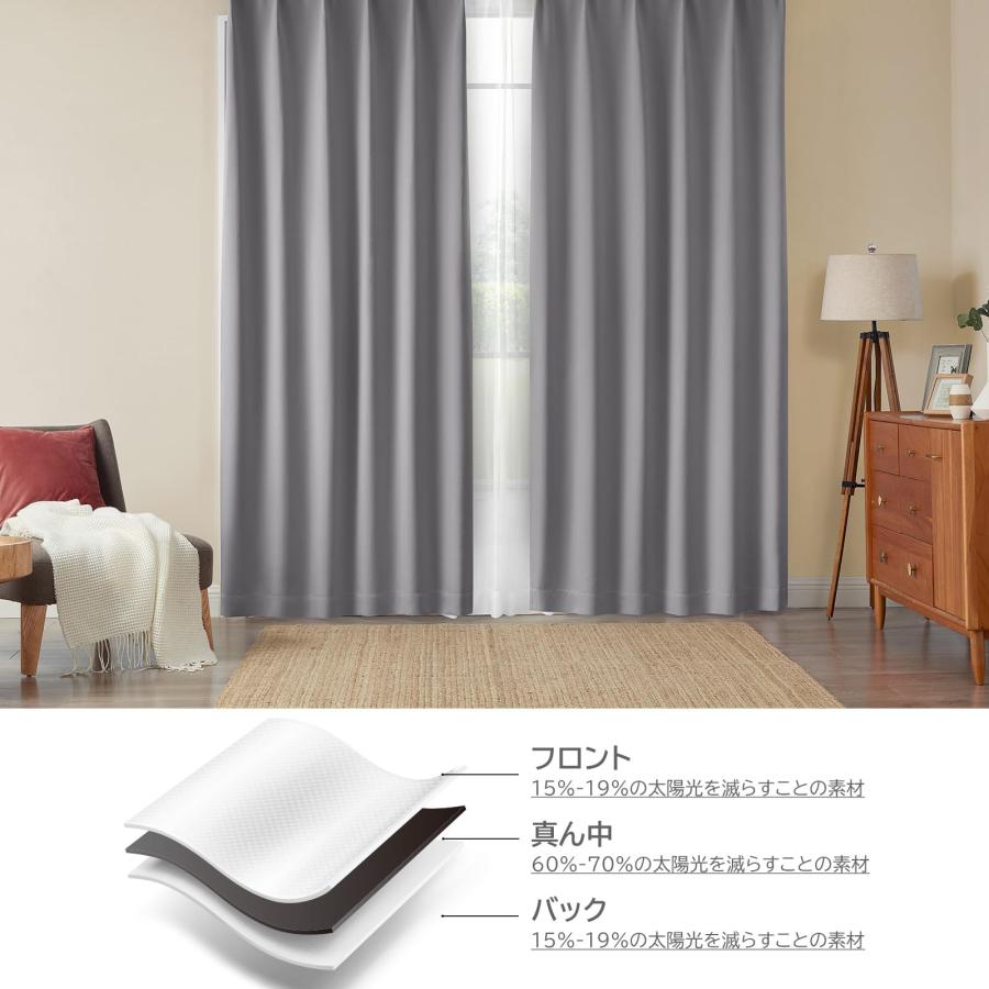 Hansleep カーテン 1級遮光 4枚組 セット ライトグレー 幅150cm丈200cm UVカット 断熱 防寒 防音 省エネ 厚手 無地 おしゃ_6
