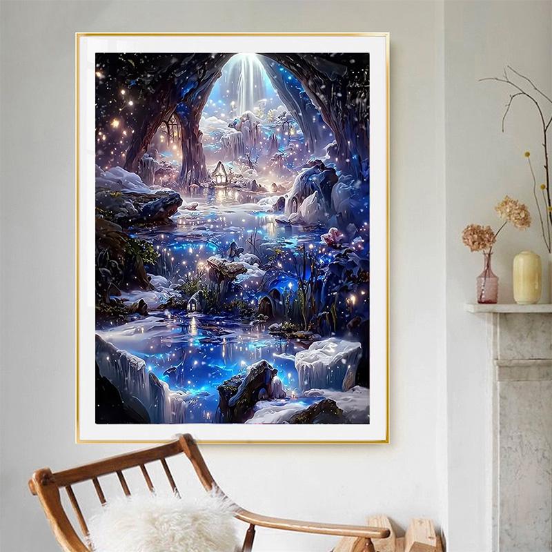 ダイヤモンドアート 初級 洞窟 小屋 雲 清流 滝 幻想的な風景 キラキラ
