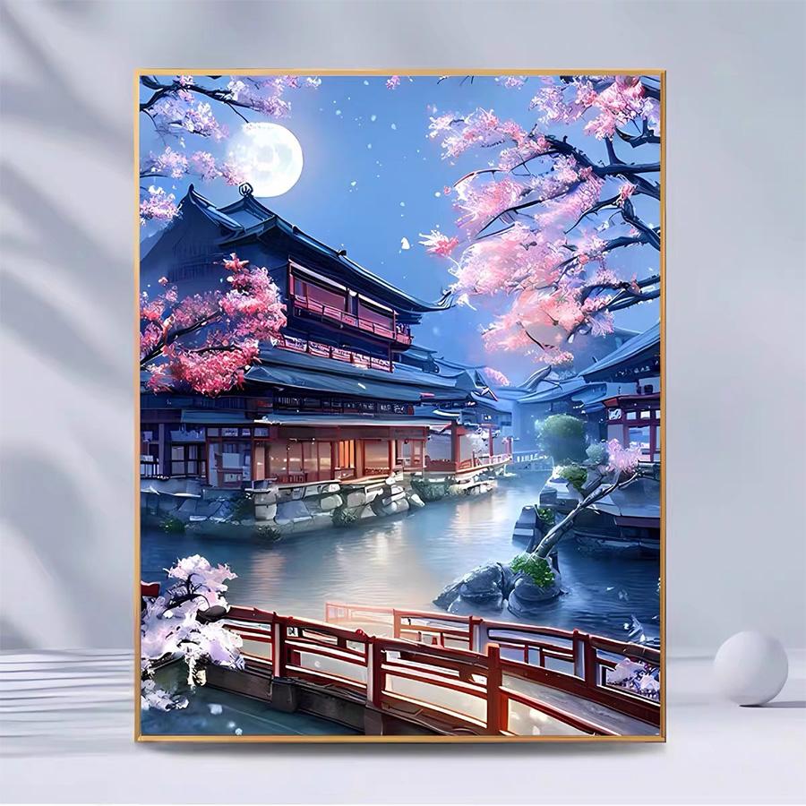夜桜】 ダイヤモンドアート 初心者 花 月 宮 刺繍キット 5Dビーズ絵画