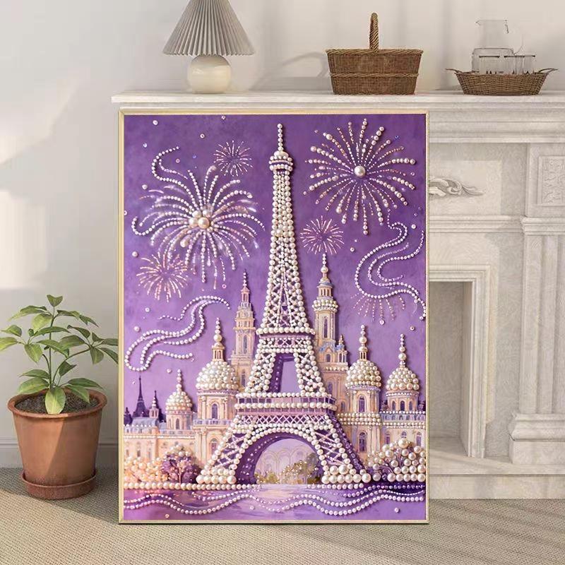 キラキラ✧*。アート 水晶絵 エッフェル塔と赤いクラシックカー【未開封品】 新登場】 パールアート ダイヤモンドアート 手芸キットエッフェル塔