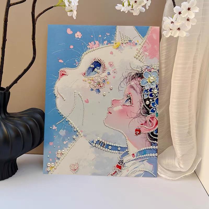 新登場】 パールアート ダイヤモンドアート 手芸キット 白猫 少女 花