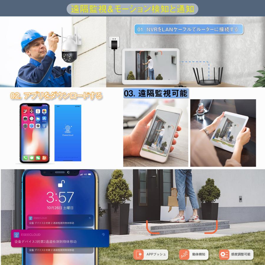 防犯カメラ 家庭用 屋外 ワイアレス 300万画素 4台セット モニター付き IP66防水　オフィス 店舗 セキュリティ対策 見守りカメラ wifi 小型 監視カメラ jennov_5