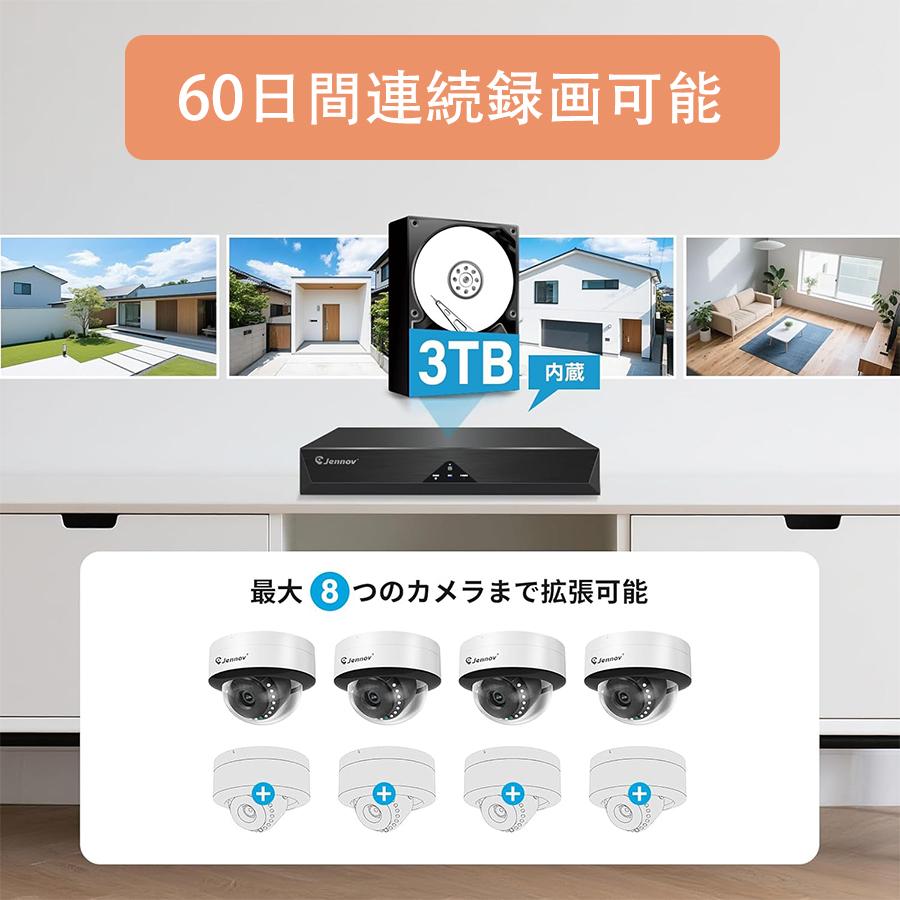 防犯カメラ 屋外 PoE給電 有線 JENNOV 3TBHDD内蔵 ドーム型 カメラ 4台