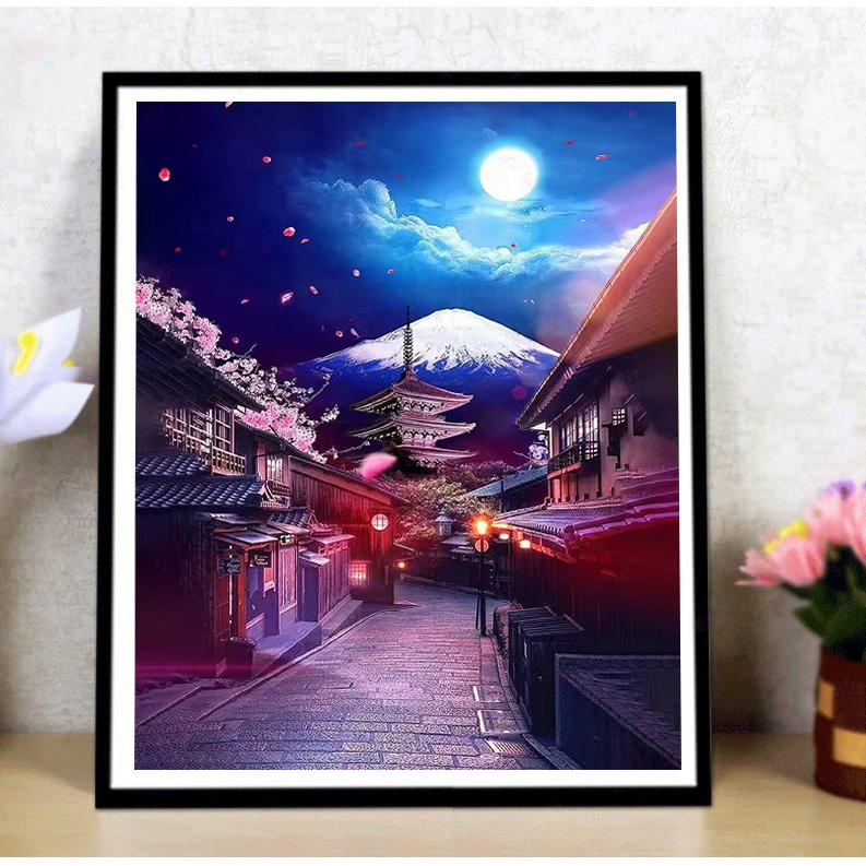 5D ダイヤモンドアート 街 寺 桜 風景 月 DIY ビーズ絵画キット