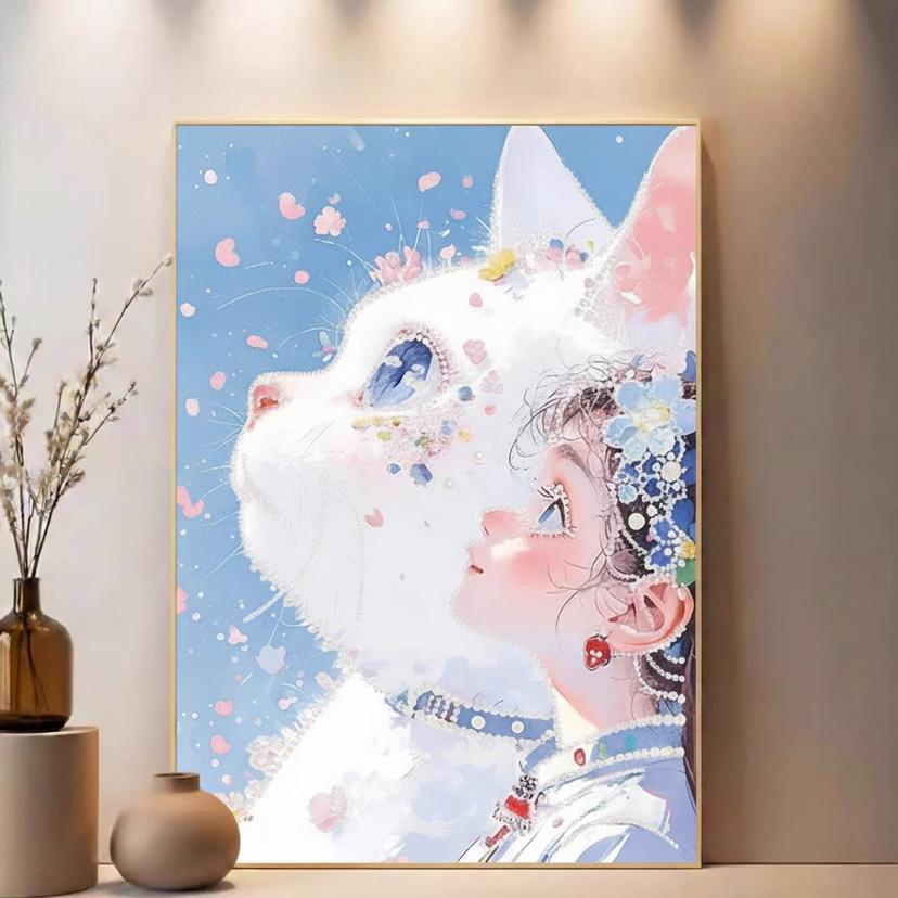 パールアート ダイヤモンドアート キット 猫と少女 初心者 DIY ビーズ