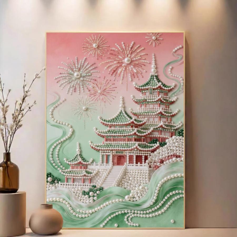 パールアート ダイヤモンドアート キット 花火と東洋建築 初心者 DIY