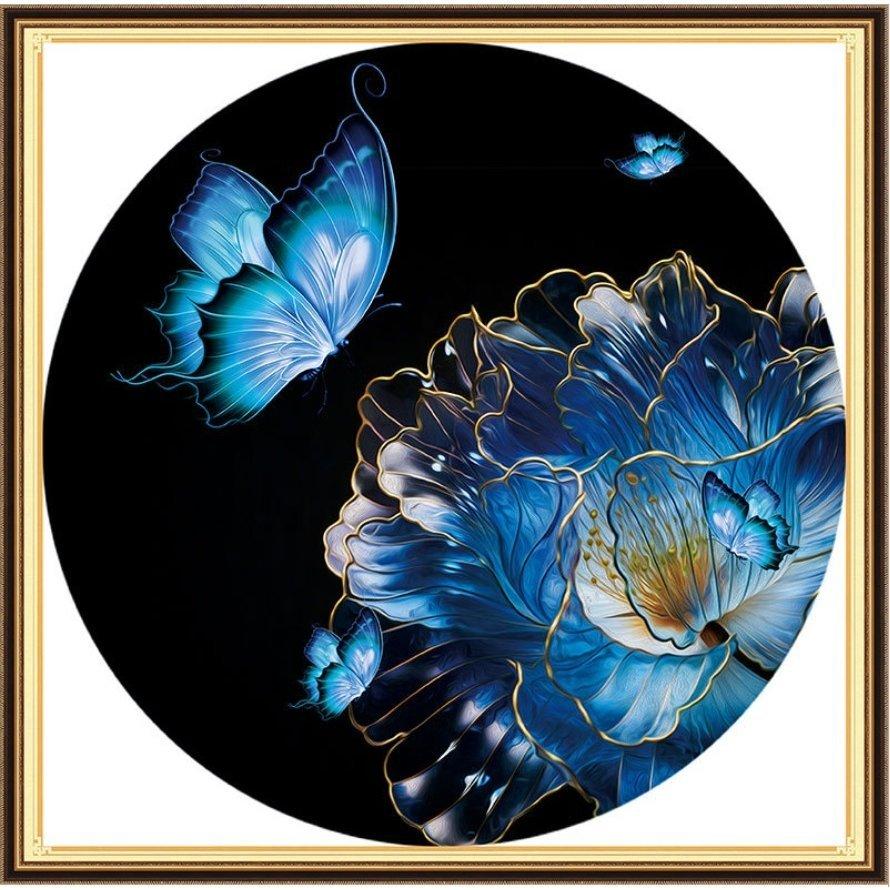 刺繍額装 刺繍絵画 青ステッチ刺繍 花鳥 蝶 刺繍アート インテリア