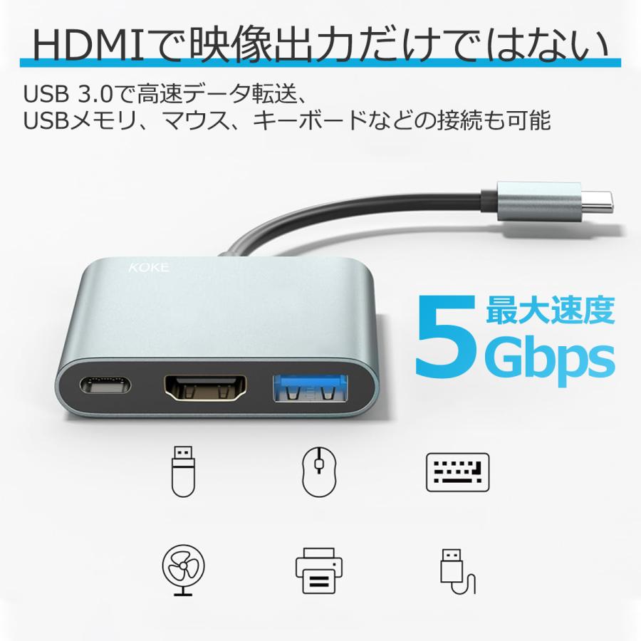 3in1 USB-Cハブ Type-C HDMI USB3.0 PD充電100W 映像出力&充電同時利用