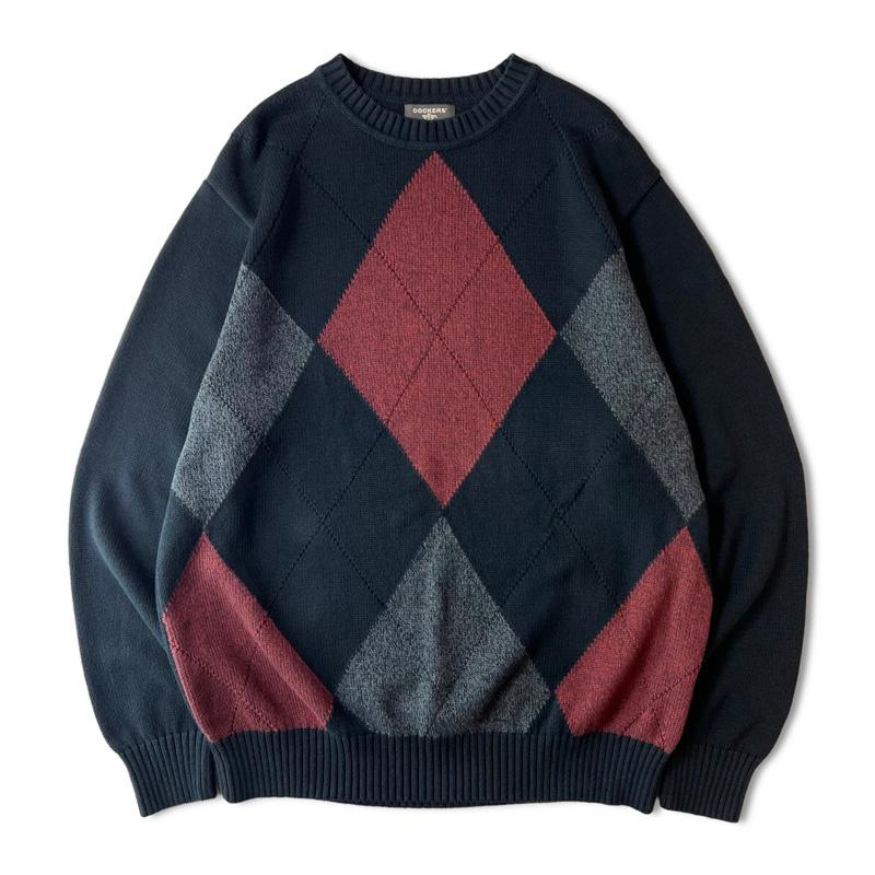 DOCKERS 00s ダイヤ柄 コットン ニット セーター XL 黒 / 00年代 
