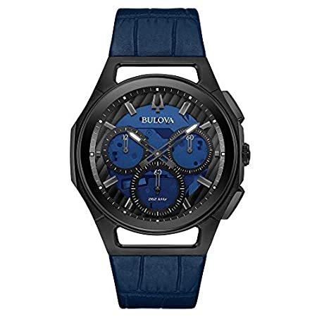メンズ Bulova Curv クロノグラフ ブルーレザーストラップウォッチ 98A232