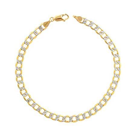 Nuragold 10K イエローゴールド 5.5mm キューバチェーン カーブリンク ダイヤモンドカット パヴェ ツートーンブレスレット メンズ レ