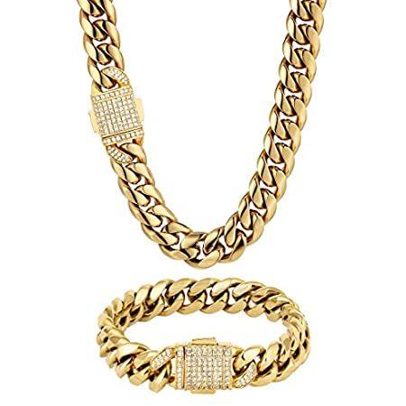 KRKC&CO メンズ 12mm 18k アイスアウト キューバリンク カーブチェーンとブレスレット ソリッド 変色しないネックレス 丈夫なストリート