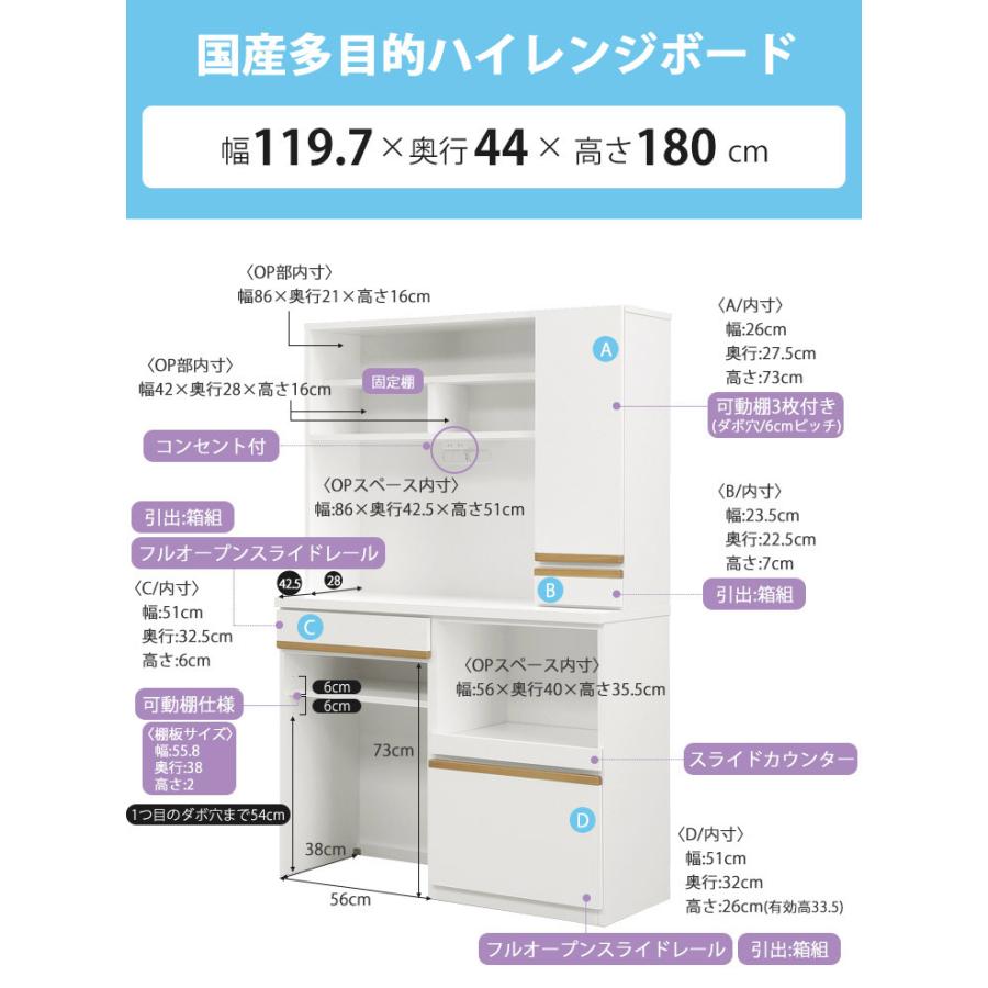 食器棚 レンジ台 レンジボード 収納 幅120 キッチンボード 完成品 ハイ