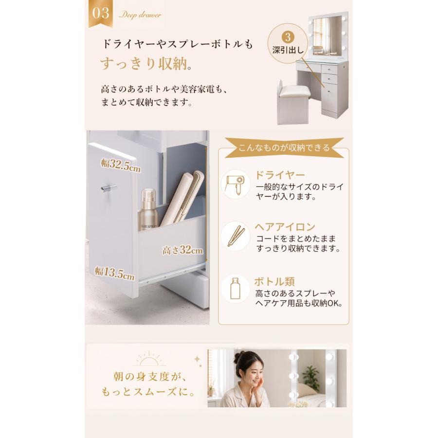ドレッサー コンパクト LEDライト付き 一面鏡 グロス 幅60cm 化粧台