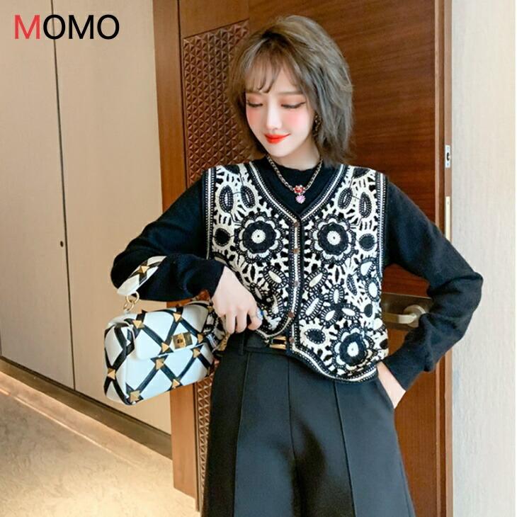 セット販売】刺繍ベスト＋薄手ニットブラウス ツーピース レトロベスト 