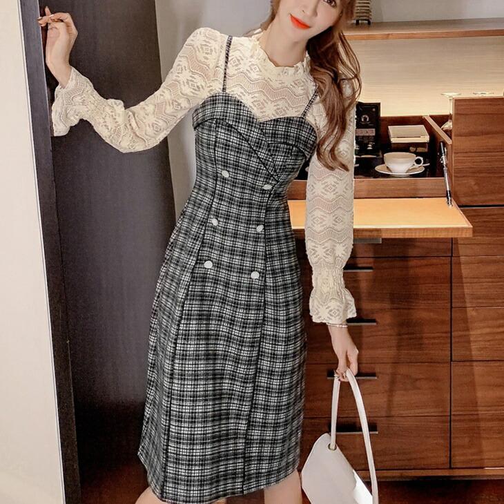 春ワンピ 格子柄ウールステッチワンピース ナチュラルワンピ 清楚ワンピカジュアルワンピ きれかわワンピ 大人ファッション アラサーファッションコーデ 新品本物